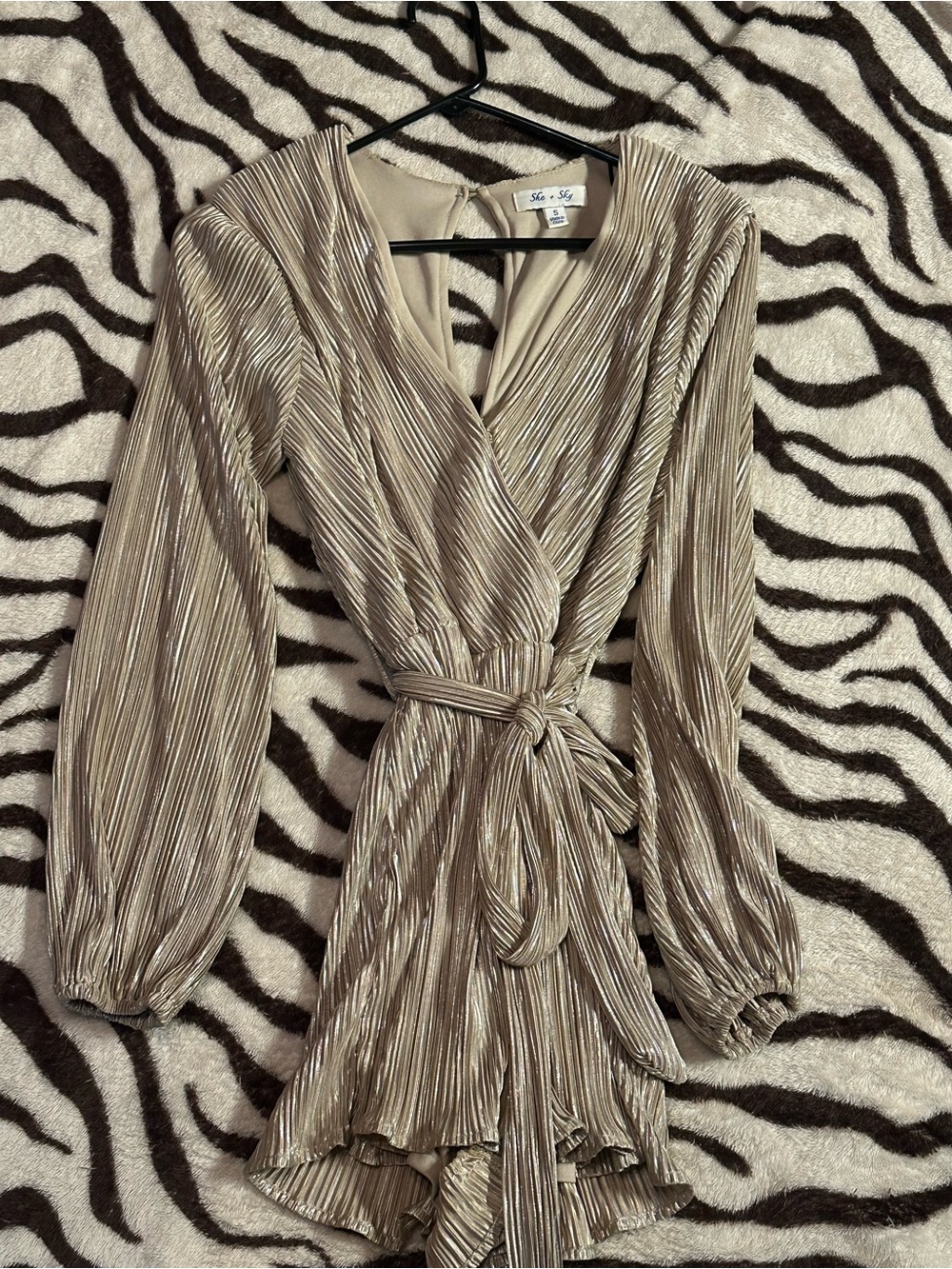 Tie-Waist Metallic Champagne Long-Sleeve Wrap Romper